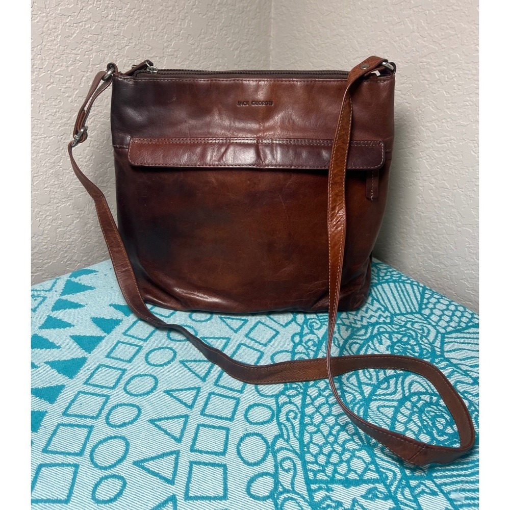 Jack Georges Brown Leather Crossbody Bag Hand Stained Buffalo Zip Top Messenger